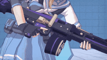 a girl in a blue dress is holding a purple and black rifle .
