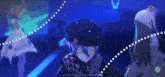 a person with purple hair and a black hat is dancing in a video game