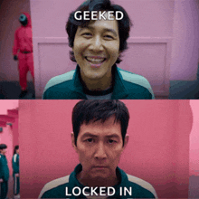 a picture of a man with the words geeked and locked in below him