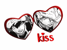 a couple of heart shaped frames with the word kiss on the bottom