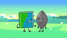 a leaf and a book are standing next to each other in a field .