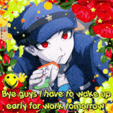 a cartoon of a police officer drinking milk with the words bye guys i have to wake up early for work