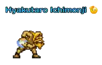 a pixel art drawing of a man with the words hyakutano ichimoni written below him