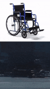 a blue and black wheelchair is sitting on a white background