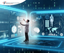 a man stands in front of a screen that says impressico business solutions on it