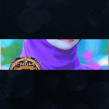 a woman wearing a purple hijab stands in front of a badge that says crom