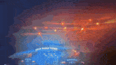 a painting of a stage with fireworks and a sign that says kiss