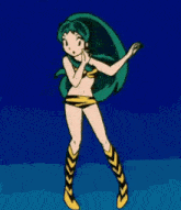 a cartoon girl in a bikini and tiger boots is dancing in the dark .