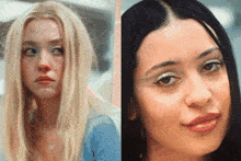a close up of a woman 's face with blonde hair and a close up of a woman 's face with dark hair