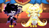 two cartoon characters are standing next to each other on a stage in a room .