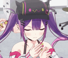 a girl with purple hair is wearing a black hat that says " w "