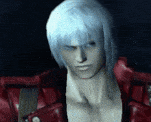 a man with white hair and a red jacket