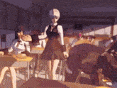 a girl in a dress is standing in a classroom surrounded by other students .