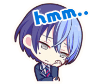 a cartoon of a boy with blue hair and the word hmm on his head .