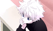 a young boy with white hair and blue eyes is sitting at a table with his hand on his chin