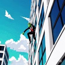 a cartoon of a man climbing up the side of a tall building