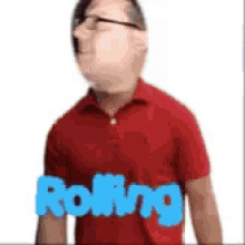 a man wearing glasses and a red shirt with the word rolling on his chest