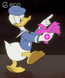 a cartoon of donald duck holding a bunch of money and pointing