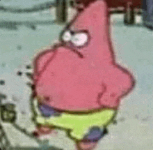 patrick star from spongebob squarepants is standing in the snow and making a funny face .