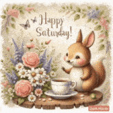 a picture of a squirrel with flowers and a cup of coffee and the words happy saturday