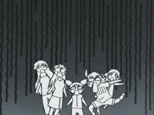 a black and white drawing of a group of people with one wearing a jersey that says ' jmf '