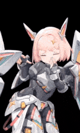a girl with pink hair and bunny ears is covering her face