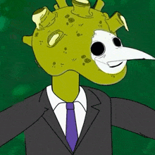 a cartoon character in a suit and tie has a bird mask on his face