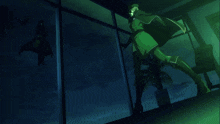 a woman is standing in front of a window with a lightning bolt coming through it