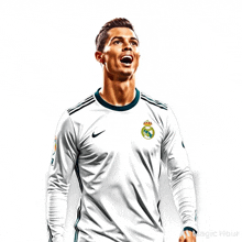 a soccer player wearing a white nike jersey with the real madrid logo on the front