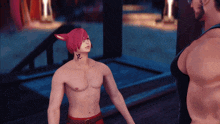 a shirtless man with a tattoo on his neck stands next to another man