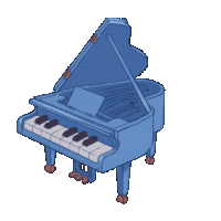 a blue grand piano with red roses on top of it