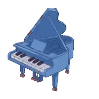 a blue grand piano with red roses on top of it