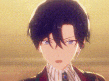 a close up of a anime character with short black hair and blue eyes wearing a red jacket and tie .