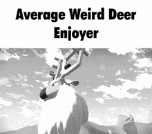 a black and white image of a deer with the words average weird deer enjoyer above it