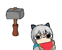 a cartoon of a girl holding a slice of watermelon