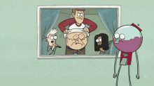 regular show characters looking at a picture of a person 's belly