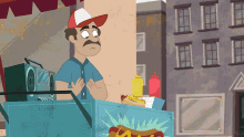 a man with a mustache stands behind a hot dog stand