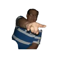 a man wearing glasses and a blue and white striped shirt is pointing at the camera