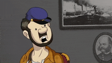 a cartoon of a man with a beard and a hat that says that