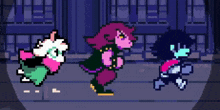 a pixel art of a group of people running in a dark room .