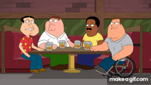 a group of cartoon characters sitting around a table with mugs of beer