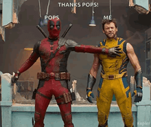 deadpool and wolverine are standing next to each other with their arms around each other