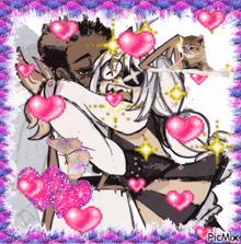 a picture of a man and woman hugging with pink hearts around them and a cat on top of them