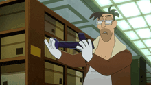 a man in a brown jacket and white gloves holds a purple object