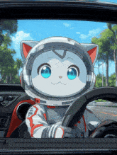 a cartoon cat wearing a helmet and headphones is driving a car
