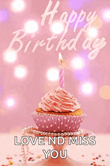 a birthday card with a pink cupcake with a lit candle and the words happy birthday love nd miss you