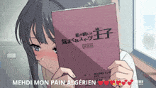 a girl is holding a book that says " mehdi mon pain algerien "