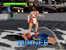 a screenshot of a video game with the winner written in blue