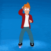 fry from futurama is dancing with glowing shoes