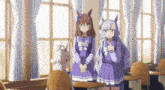 two anime girls are standing next to each other in front of a window in a classroom